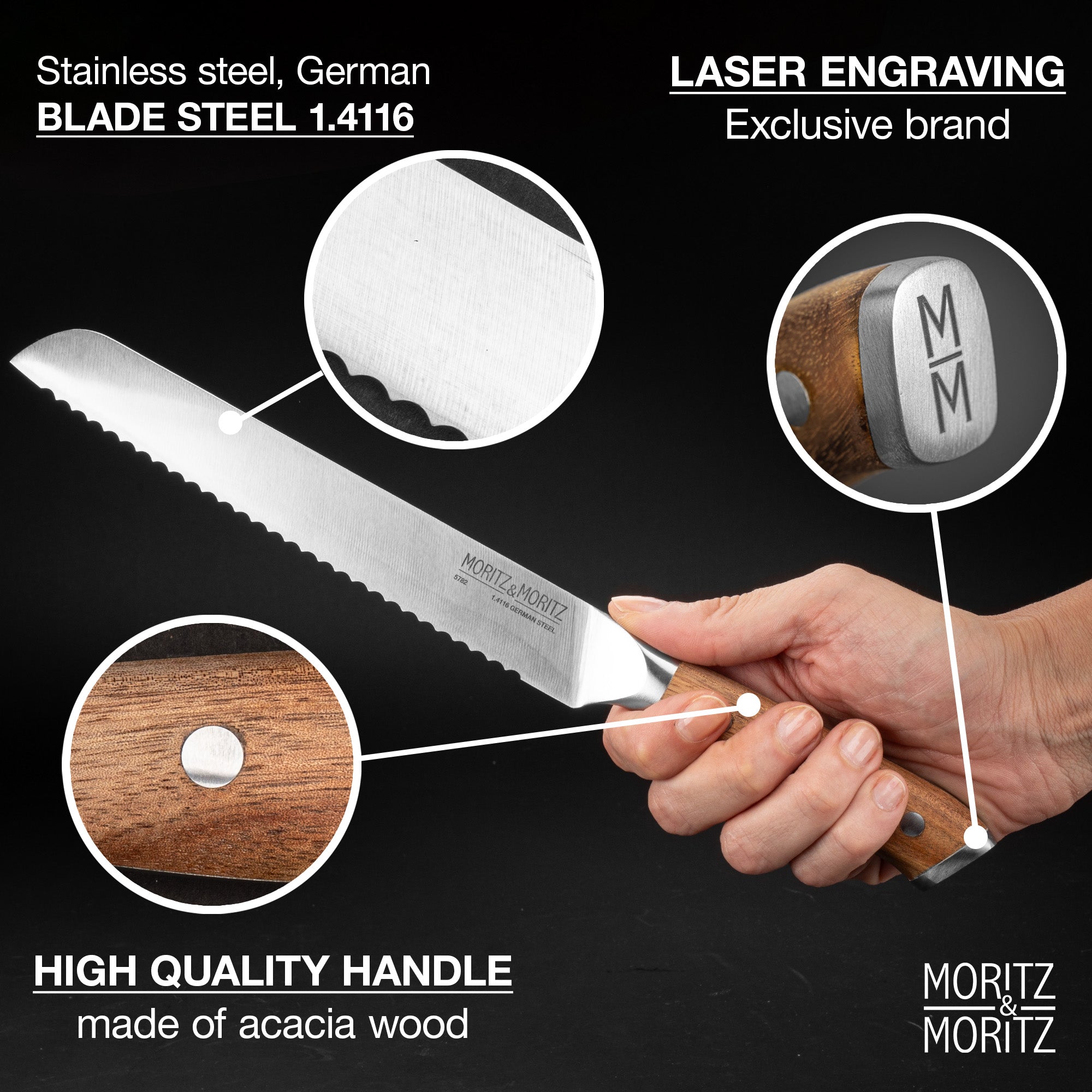 German Steel 8" Bread Knife | Sharp, Rust-Resistant with Acacia Wood Handle