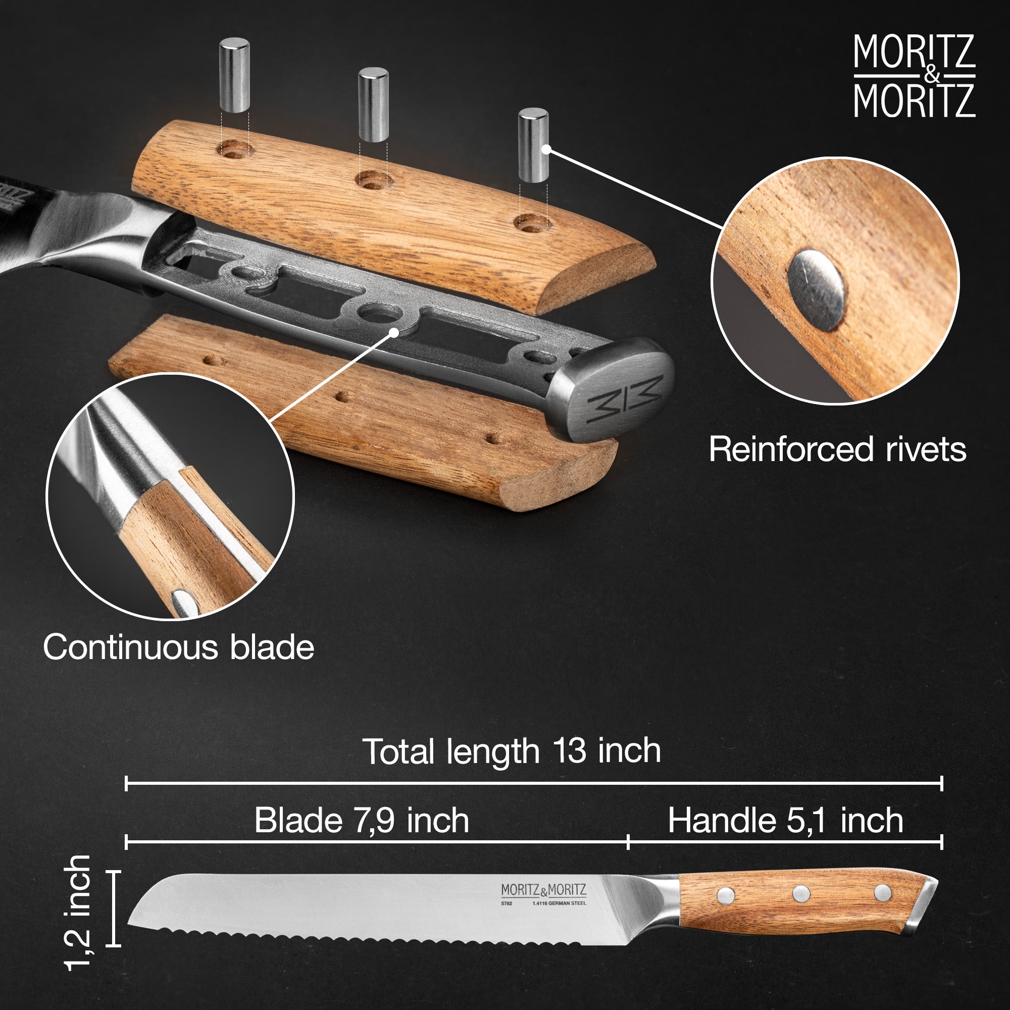 German Steel 8" Bread Knife | Sharp, Rust-Resistant with Acacia Wood Handle