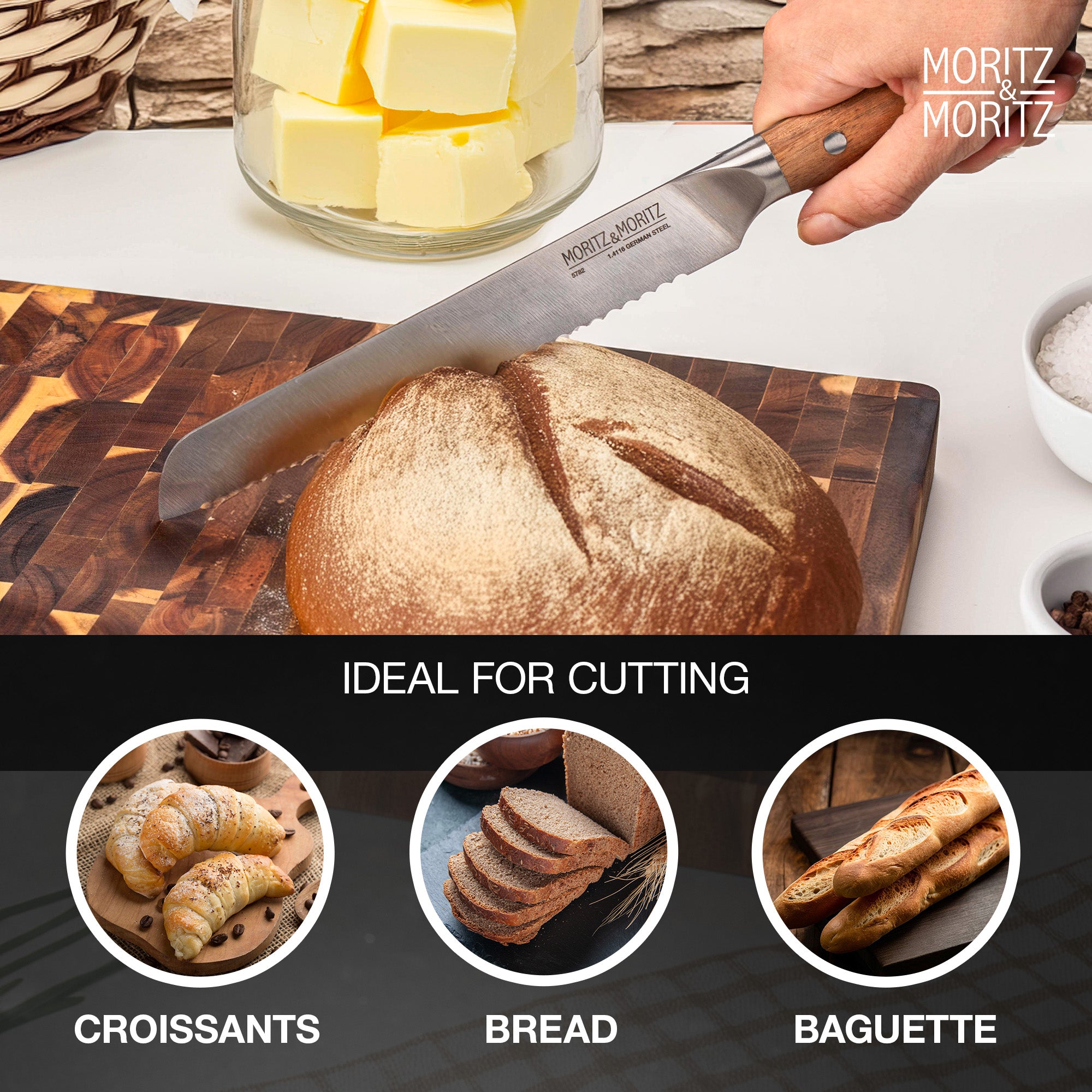 German Steel 8" Bread Knife | Sharp, Rust-Resistant with Acacia Wood Handle