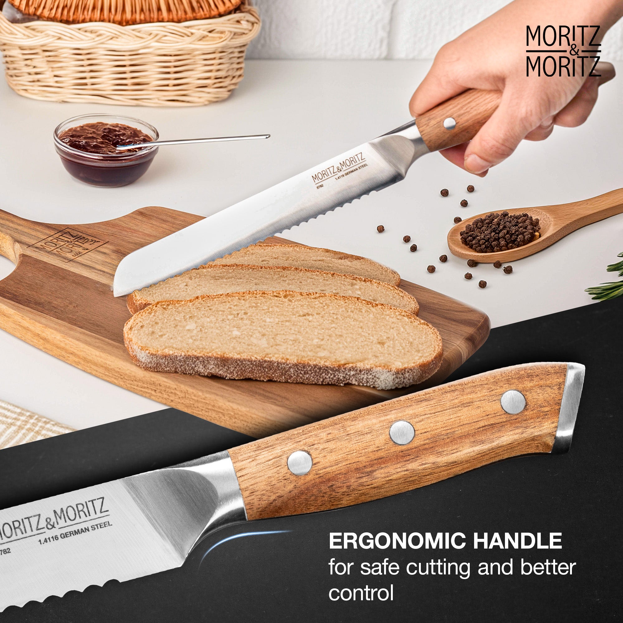German Steel 8" Bread Knife | Sharp, Rust-Resistant with Acacia Wood Handle
