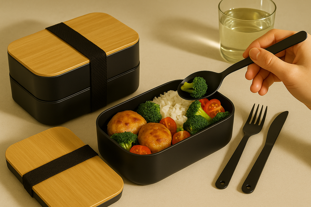 Premium Bento Box for Adults Black – 2-Tier 46 oz Lunch Container Box with Bamboo Lid