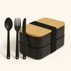 Premium Bento Box for Adults Black – 2-Tier 46 oz Lunch Container Box with Bamboo Lid