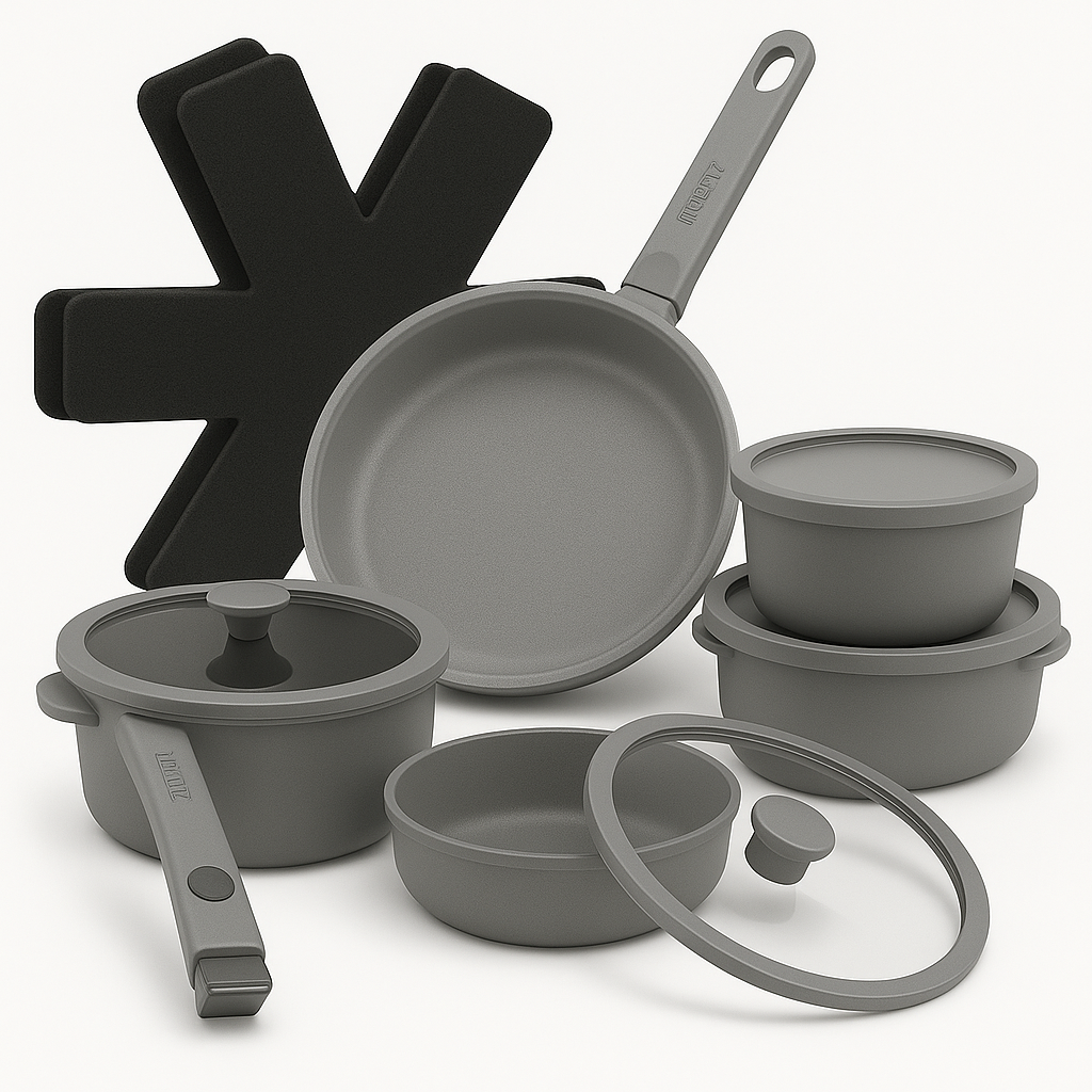 15-Piece Cast Aluminum Pot and Pan Set – Nonstick Cookware with Lids & Utensils