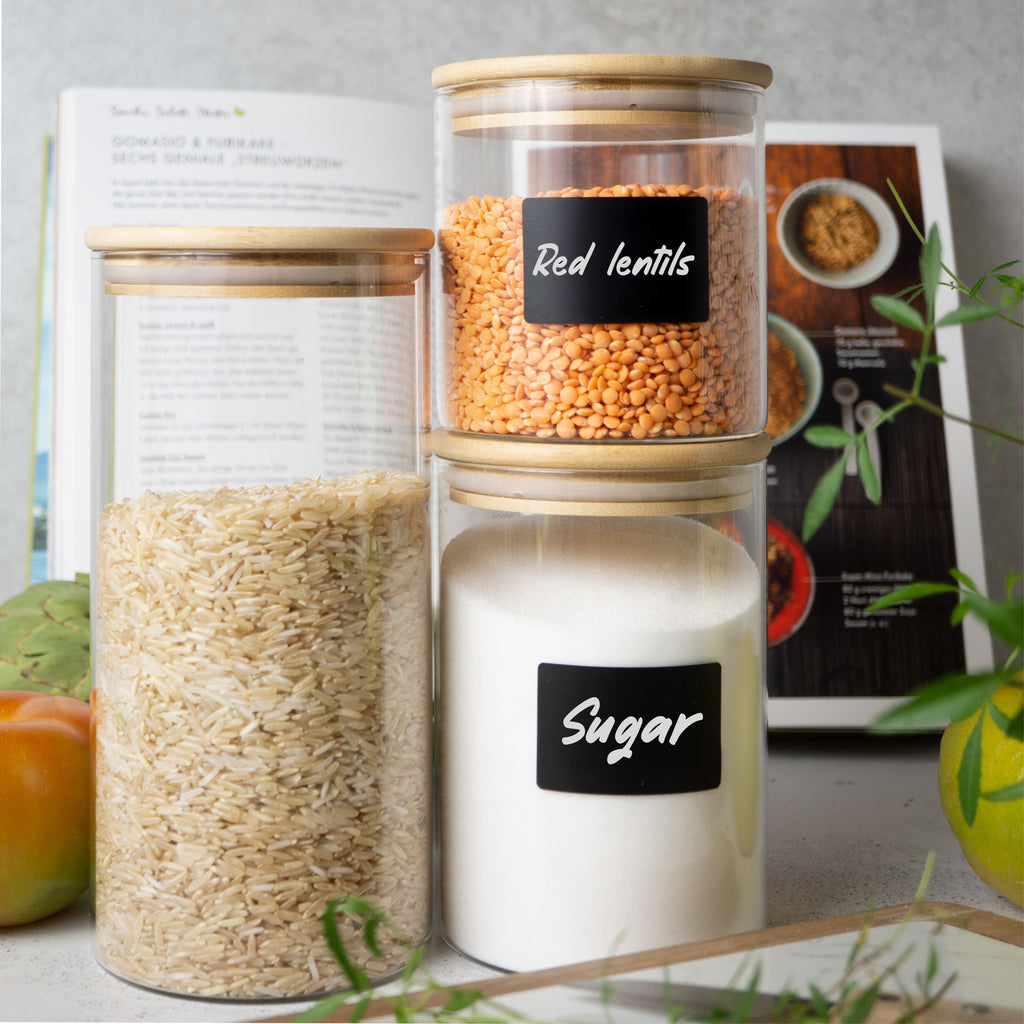 6 Glass Storage Jars with Lids | Includes Chalkboard Stickers & Chalk Pen