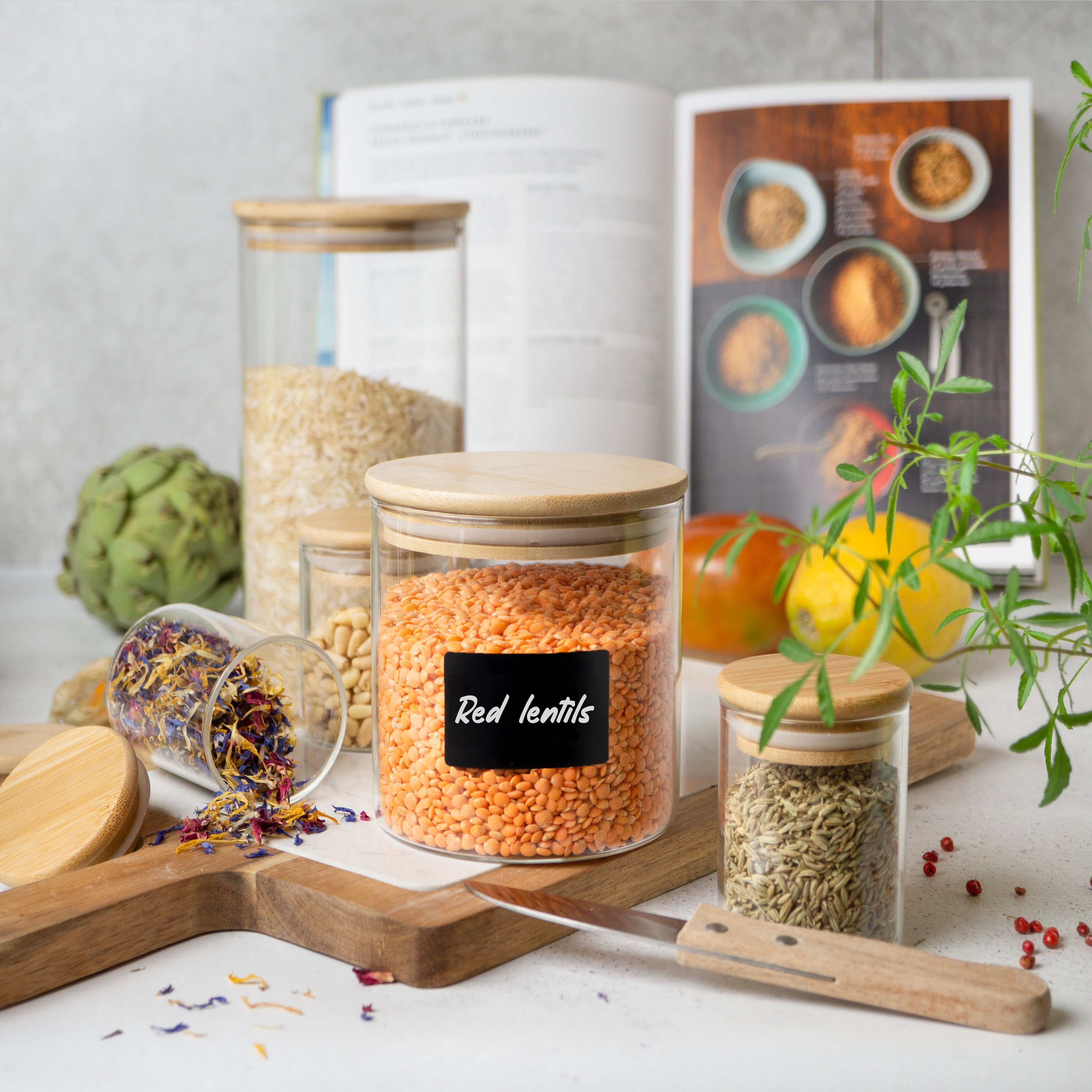 6 Glass Storage Jars with Lids | Includes Chalkboard Stickers & Chalk Pen