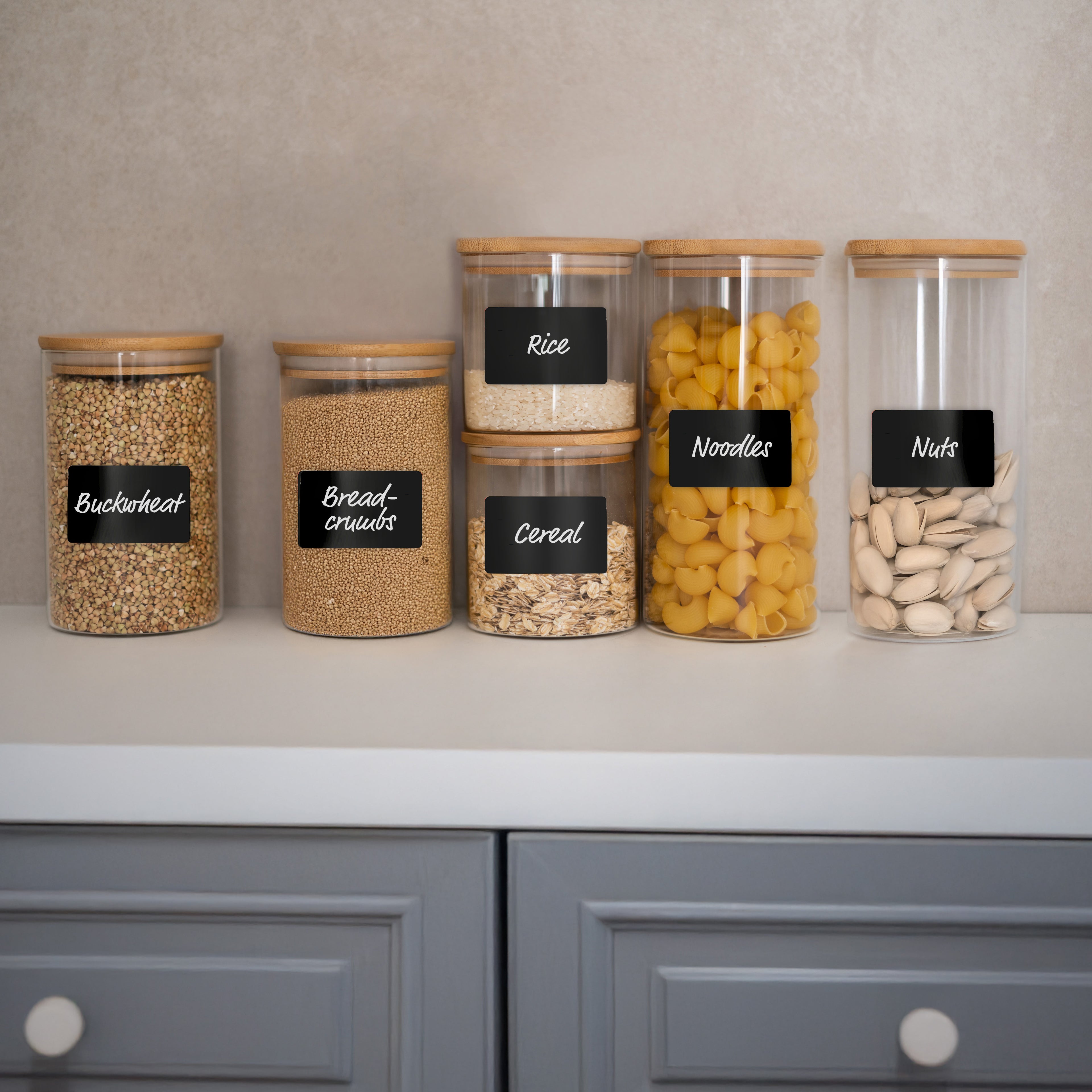 6 Glass Storage Jars with Lids | Includes Chalkboard Stickers & Chalk Pen