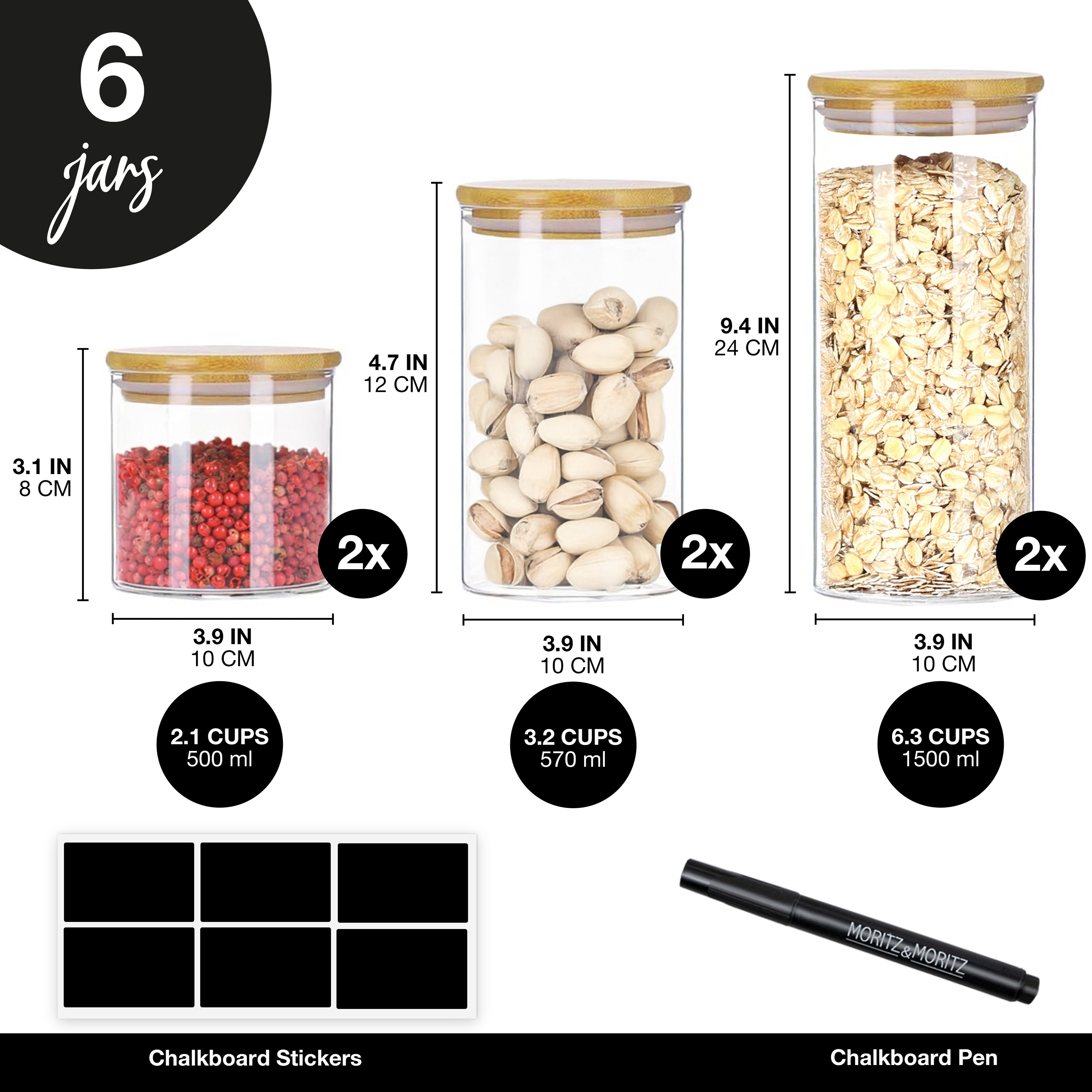 6 Glass Storage Jars with Lids | Includes Chalkboard Stickers & Chalk Pen